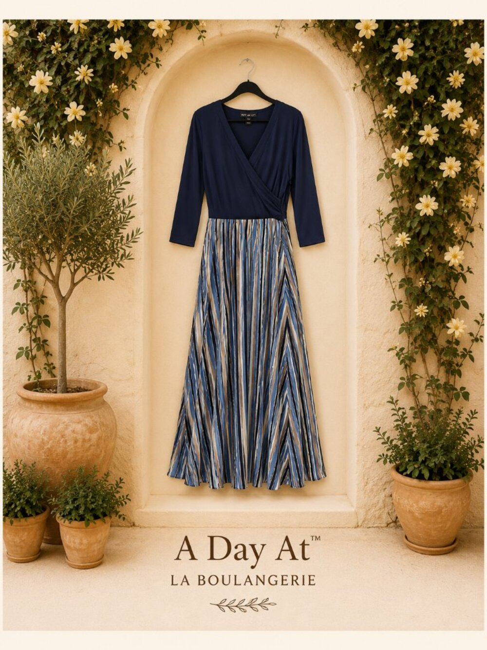 Coastal Chic Kate & Lily Faux Wrap Chevron Midi V Neck Dress Navy NWT 14